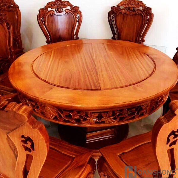 Bàn Ăn tròn gỗ Gõ Đỏ nguyên khối 8 ghế Luis hoa lá tây - Đồ gỗ mỹ nghệ Hòa  Hoan