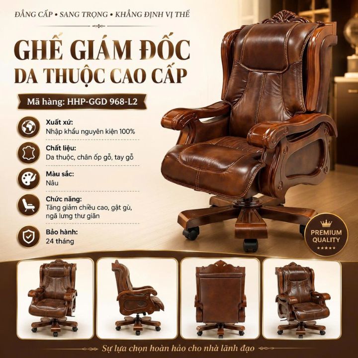 Ghế Giám Đốc Ngả Lưng GGD 968-L2 Da Thuộc Cao Cấp, Chân Gỗ Xoay, Kiểu Dáng Sang Trọng