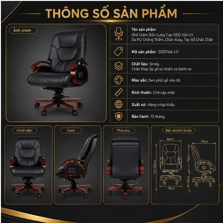 Ghế Giám Đốc Lưng Cao GGD 166-U1 Da PU Chống Thấm, Chân Xoay, Tay Gỗ Chắc Chắn - Ảnh 9