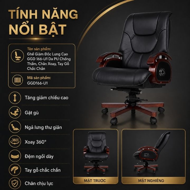 Ghế Giám Đốc Lưng Cao GGD 166-U1 Da PU Chống Thấm, Chân Xoay, Tay Gỗ Chắc Chắn - Ảnh 10