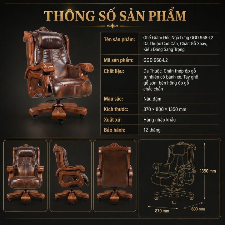 Ghế Giám Đốc Ngả Lưng GGD 968-L2 Da Thuộc Cao Cấp, Chân Gỗ Xoay, Kiểu Dáng Sang Trọng - Ảnh 10