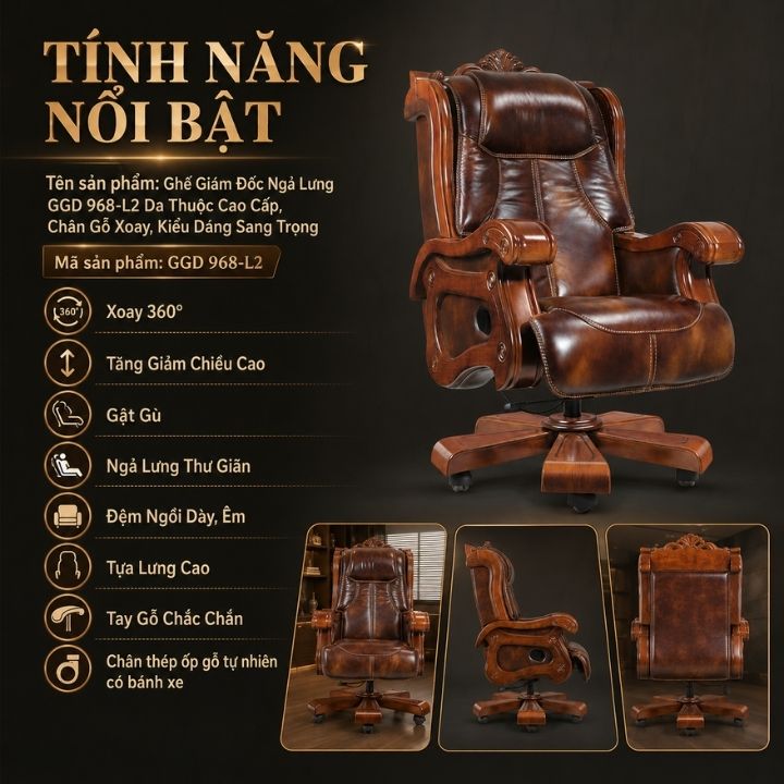 Ghế Giám Đốc Ngả Lưng GGD 968-L2 Da Thuộc Cao Cấp, Chân Gỗ Xoay, Kiểu Dáng Sang Trọng - Ảnh 11
