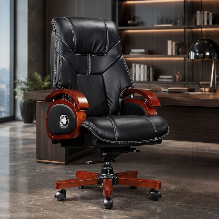 Ghế Giám Đốc Tay Gỗ GGD 919-U1 Da PU Đen, Xoay Ngả, Tựa Lưng Cao Cấp