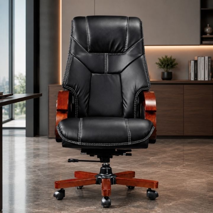 Ghế Giám Đốc Tay Gỗ GGD 919-U1 Da PU Đen, Xoay Ngả, Tựa Lưng Cao Cấp - Ảnh 3