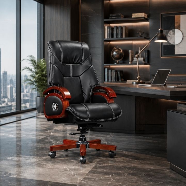 Ghế Giám Đốc Tay Gỗ GGD 919-U1 Da PU Đen, Xoay Ngả, Tựa Lưng Cao Cấp - Ảnh 5