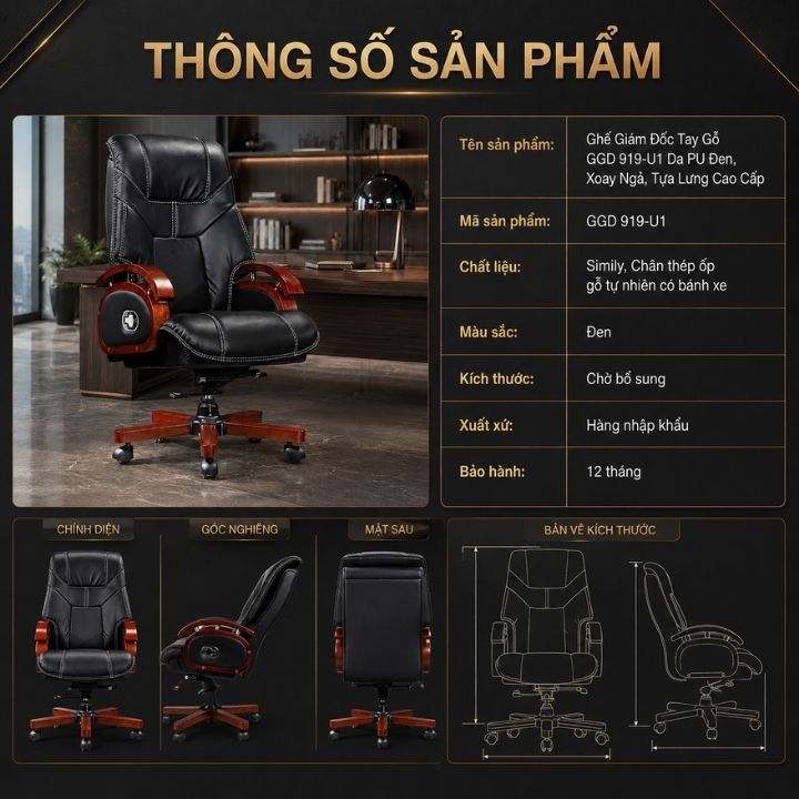 Ghế Giám Đốc Tay Gỗ GGD 919-U1 Da PU Đen, Xoay Ngả, Tựa Lưng Cao Cấp - Ảnh 7
