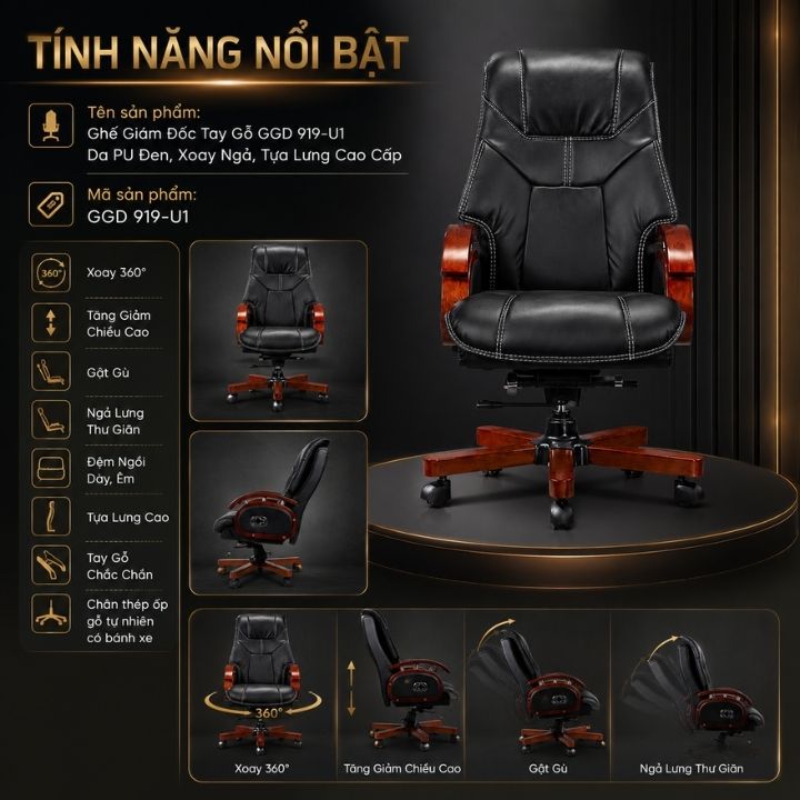 Ghế Giám Đốc Tay Gỗ GGD 919-U1 Da PU Đen, Xoay Ngả, Tựa Lưng Cao Cấp - Ảnh 8