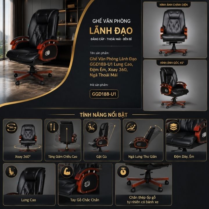 Ghế Văn Phòng Lãnh Đạo GGD188-U1 Lưng Cao, Đệm Êm, Xoay 360, Ngả Thoải Mái - Ảnh 9
