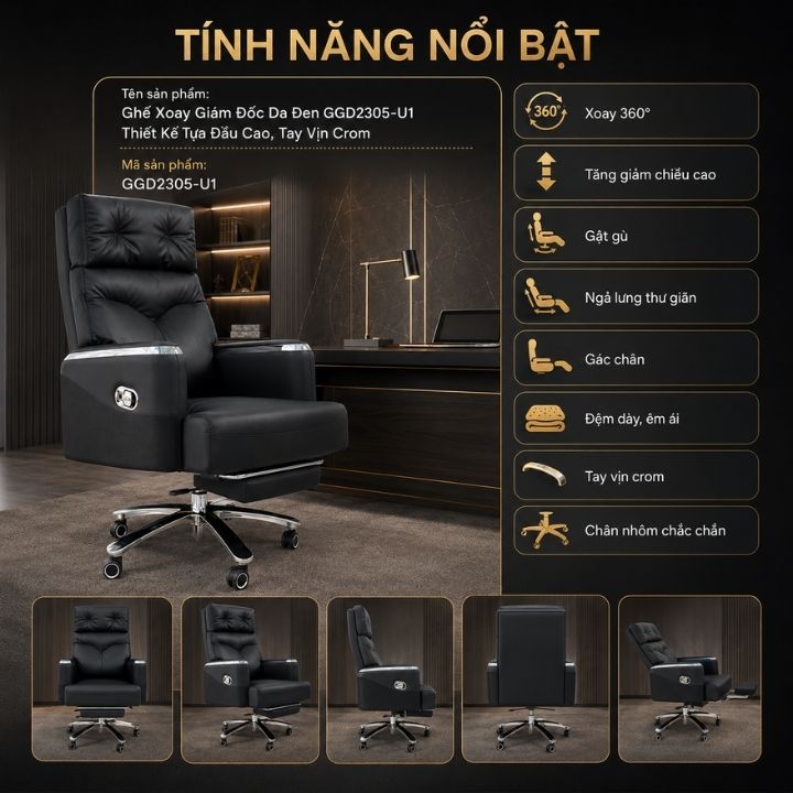 Ghế Xoay Giám Đốc Da Đen GGD2305-U1 Thiết Kế Tựa Đầu Cao, Tay Vịn Crom - Ảnh 11