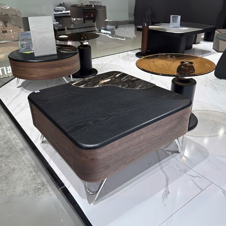 Bàn Sofa Gỗ Nâu Vuông BT01 Kết Hợp Đá Đen Thiết Kế Hiện Đại Đẳng Cấp
