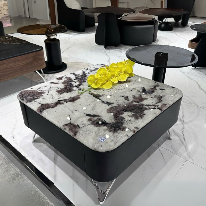 Bàn Trà  Cao Cấp Vuông Mặt Đá Marble BT16 Xám Vân Đen Hàng Nhập Khẩu Sang Trọng