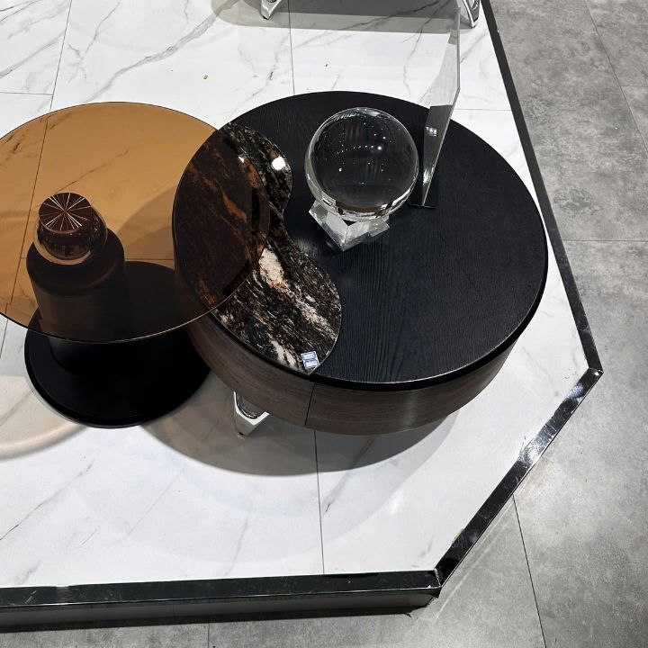 Bàn Sofa Tròn Gỗ Nâu BT02  Kết Hợp Đá Đen Hàng Nhập Khẩu Cao Cấp