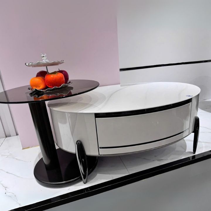 Bàn Sofa BT04 Tròn Mặt Đá Marble Trắng Bóng Thiết Kế Kèm Bàn Phụ Kính Đen Sang Trọng