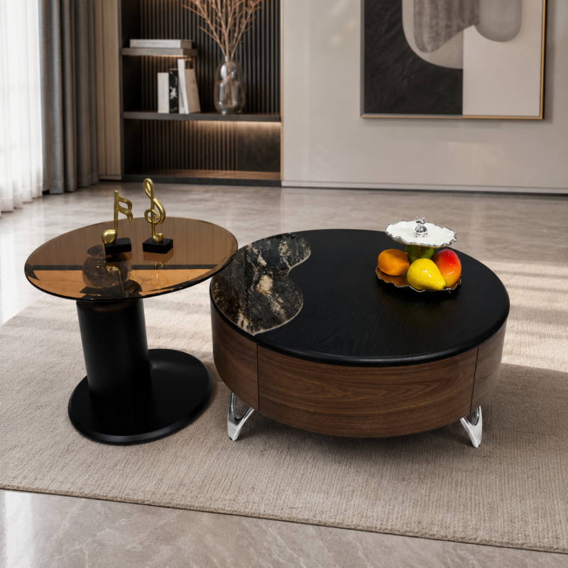 Bàn Sofa Tròn Gỗ Nâu BT02  Kết Hợp Đá Đen Hàng Nhập Khẩu Cao Cấp
