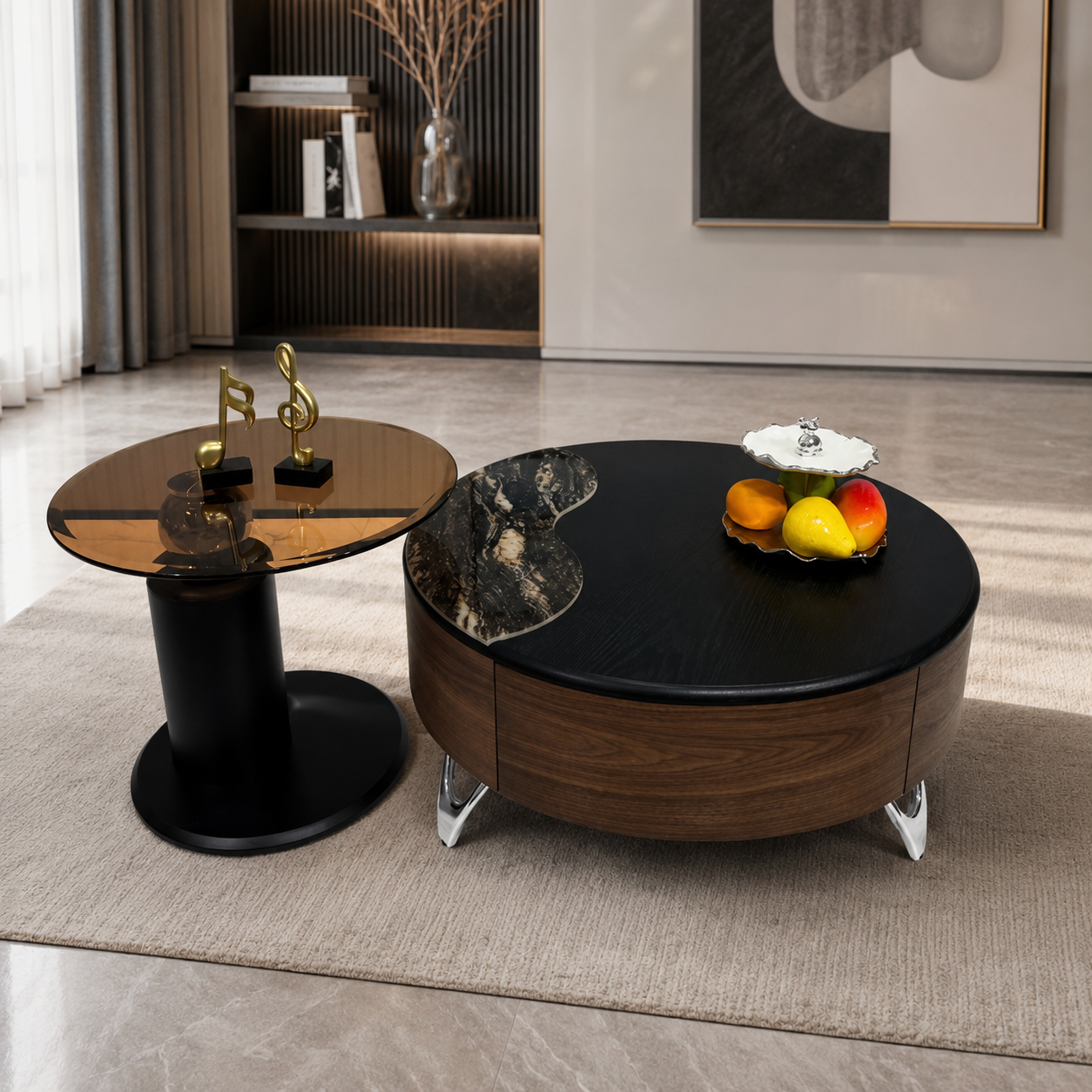 Bàn Sofa Tròn Gỗ Nâu BT02 Kết Hợp Đá Đen Hàng Nhập Khẩu Cao Cấp
