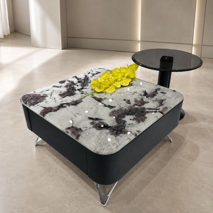 Bàn Trà  Cao Cấp Vuông Mặt Đá Marble BT16 Xám Vân Đen Hàng Nhập Khẩu Sang Trọng