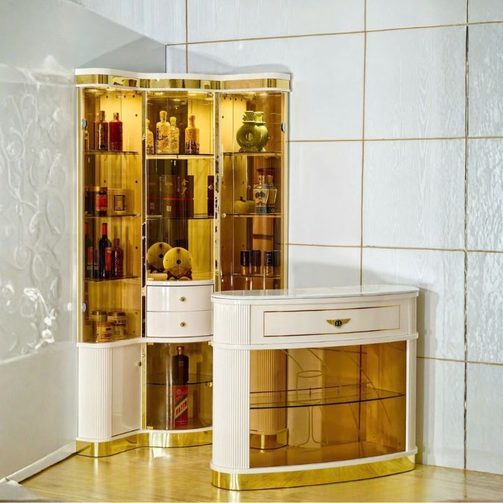 Tủ Trưng Bày Rượu Góc Cao Cấp Mạ Vàng Gương TR 3310 Thiết Kế Đa Tầng Hiện Đại, Phù Hợp Phòng Khách Biệt Thự Và Căn Hộ Sang