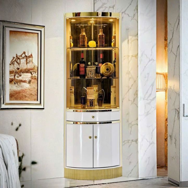 Tủ Trưng Bày Rượu Decor Góc Luxury Hiện Đại Mạ Vàng Gương Kính Cong Sang Trọng TR88 Phù Hợp Phòng Khách Cao Cấp
