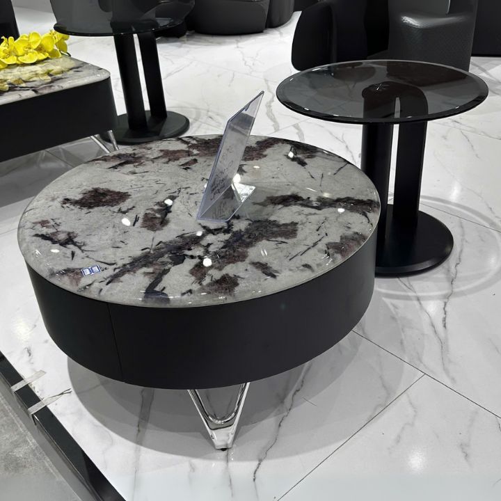 Bàn Trà Tròn Mặt Đá Marble  BT17 Xám Vân Đen Tím Cao Cấp Sang Trọng