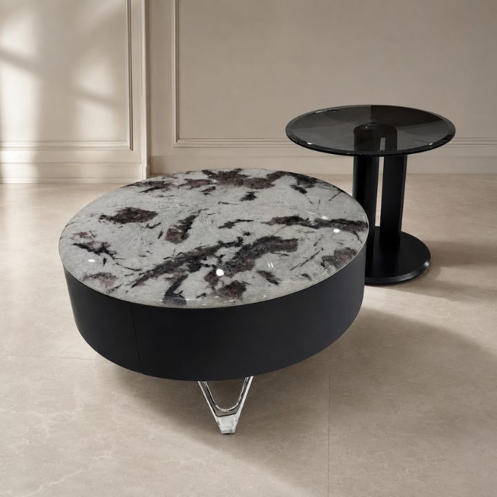 Bàn Trà Tròn Mặt Đá Marble  BT17 Xám Vân Đen Tím Cao Cấp Sang Trọng
