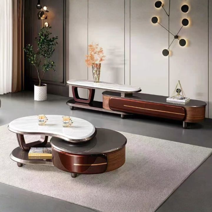 Bàn Sofa Mặt Đá Uốn Lượn M85-25 Phong Cách Hiện Đại, Kệ Đựng Tiện Lợi, Sang Trọng Cho Mọi Không Gian