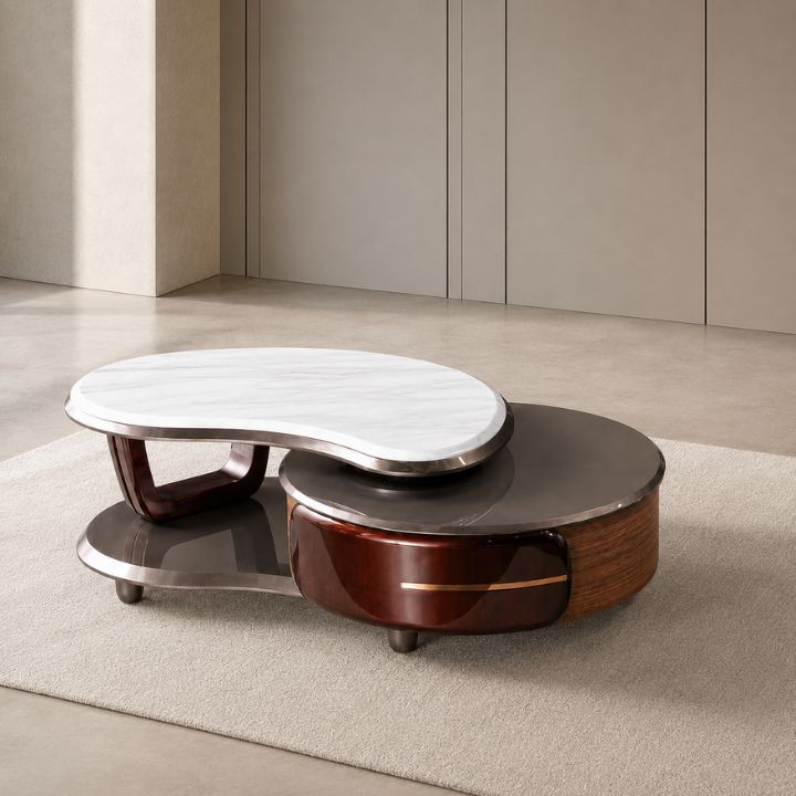 Bàn Sofa Mặt Đá Uốn Lượn M85-25 Phong Cách Hiện Đại, Kệ Đựng Tiện Lợi, Sang Trọng Cho Mọi Không Gian