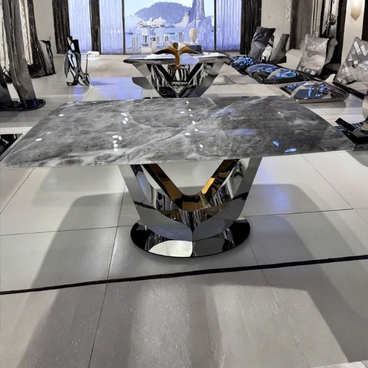 Bàn Ăn Mặt Đá Cao Cấp MT-T-135 Chân Inox Mạ PVD Sang Trọng Hiện Đại Cho Phòng Bếp