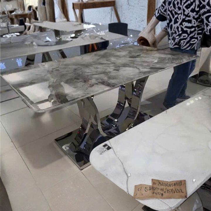 Bàn Ăn Mặt Đá Vân Xám MT-24 Chân Kim Loại Inox Bóng Cao Cấp Nội Thất Luxury