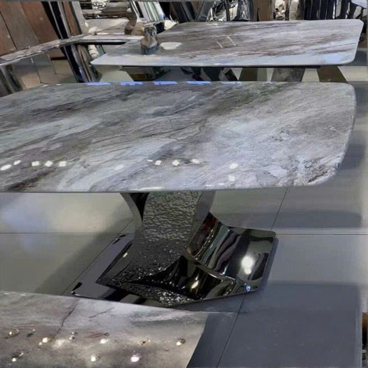 Bàn Ăn Mặt Đá Tự Nhiên MT-24 Vân Đẹp Chân Inox Mạ Bóng Thiết Kế Độc Lạ