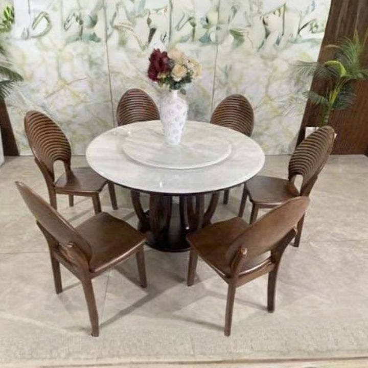 Combo Bàn Ăn Tròn Mặt Đá Marble B456 Mâm Xoay 6 Ghế Gỗ Hiện Đại
