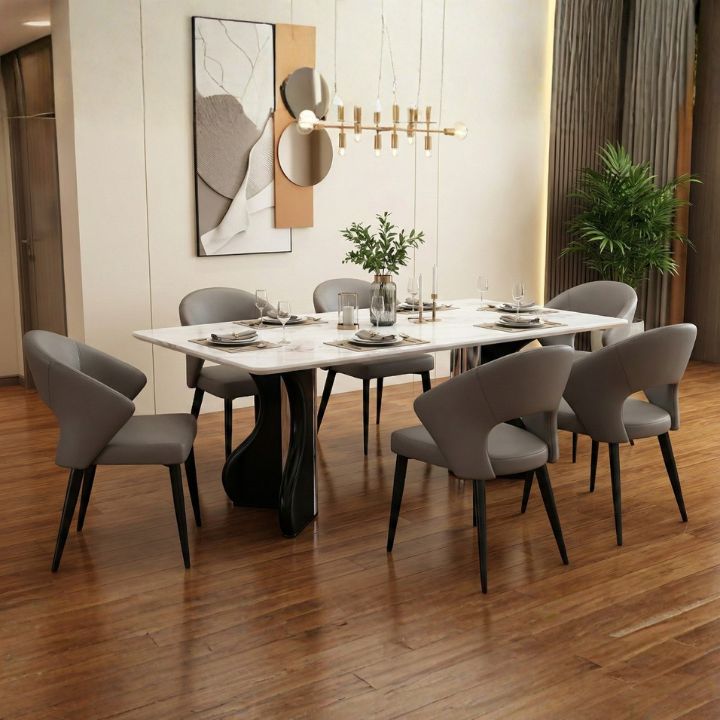 Bàn Ăn Mặt Đá Marble MT-B185 Chân Nghệ Thuật Kèm 6 Ghế Sang Trọng (Không bao gồm ghế)