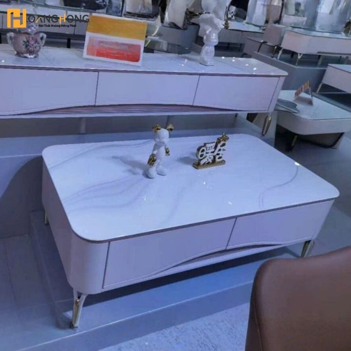 Bàn Sofa Chữ Nhật Mặt Kính 3D MT 3033 Vân Đá Thiết Kế Uốn Cong Hiện Đại