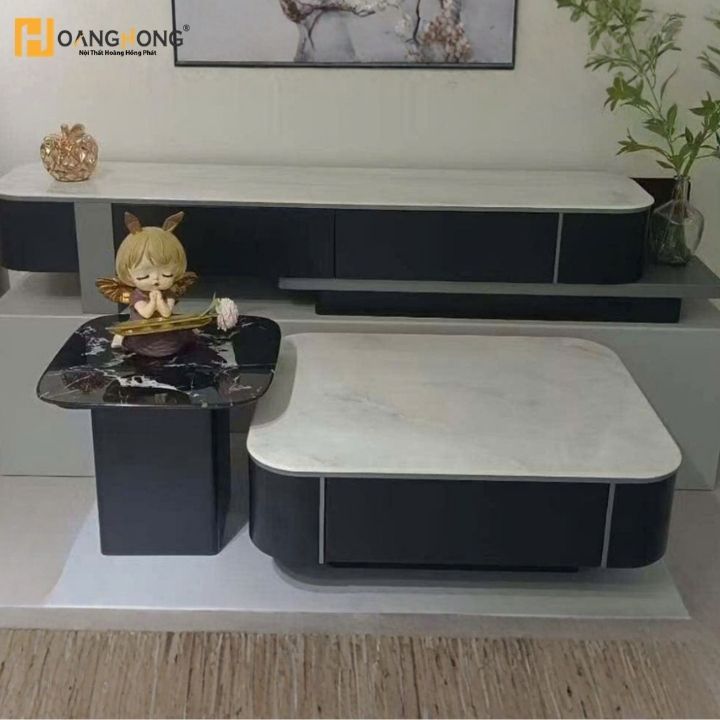 Bộ Bàn Trà Đôi Lồng Mặt Kính 3D Vân Đá Đen Trắng MT3910 Bàn Sofa Hiện Đại