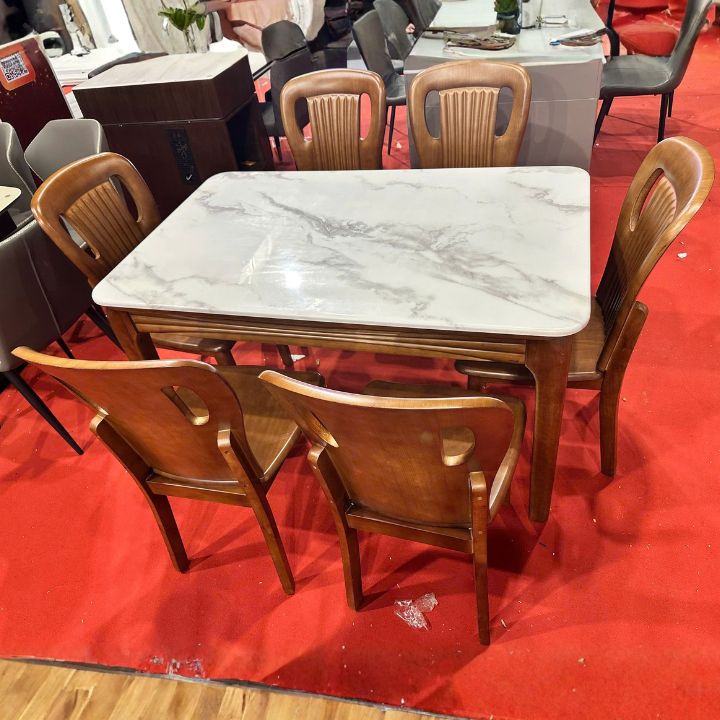 Bàn Ăn Mặt Đá Vân MT-10+1921 Cao Cấp Kèm 6 Ghế Gỗ Tự Nhiên Sang Trọng Bền Đẹp Cho Gia Đình