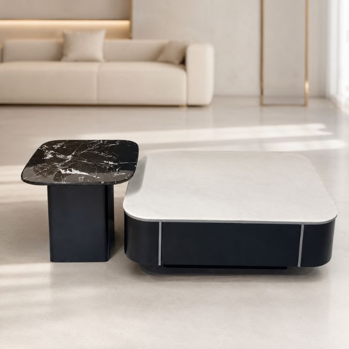 Bộ Bàn Trà Đôi Lồng Mặt Kính 3D Vân Đá Đen Trắng MT3910 Bàn Sofa Hiện Đại