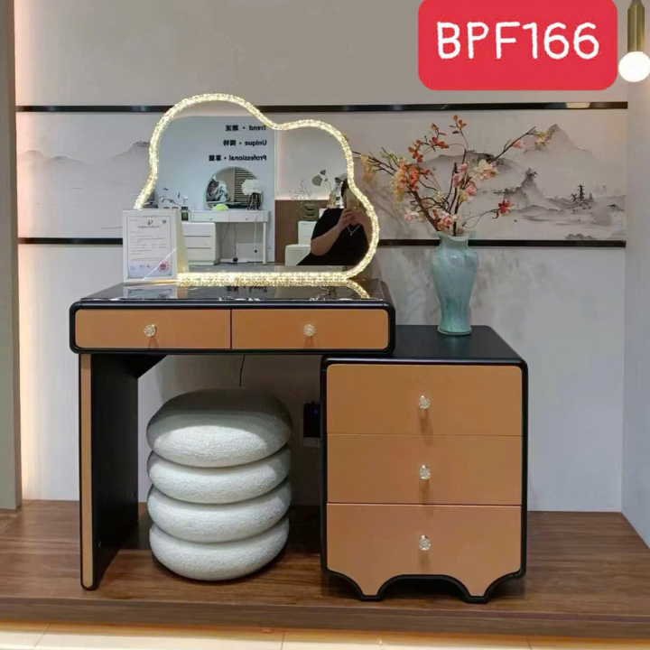 Bàn Makeup Gương LED Hình Mây BPF166 Phong Cách Hiện Đại Phối Đen Nâu Kèm Tủ Ngăn Kéo