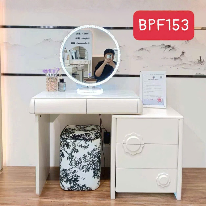 Bàn Trang Điểm Gương LED BPF153 Tròn Cao Cấp Kèm Tủ Ngăn Kéo Họa Tiết Hoa Hiện Đại
