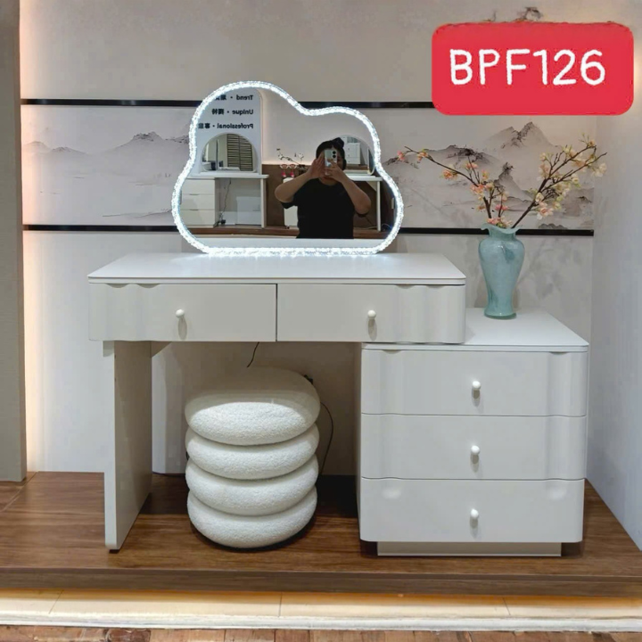 Bàn Trang Điểm Gương LED BPF126 Hình Mây Hiện Đại Kèm Tủ Ngăn Kéo Cao Cấp