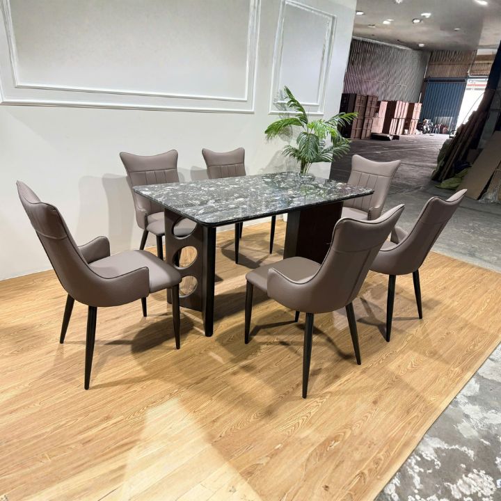 Bộ Bàn Ăn Cao Cấp 6 Ghế Mặt Đá Vân Đậm MT5003 Phong Cách Luxury