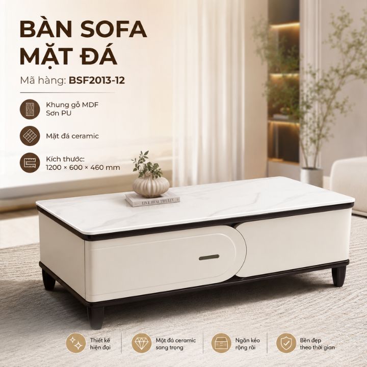 Bàn Trà Sofa Phòng Khách BSF2013-12 Mặt Đá Ceramic, Khung MDF Sơn PU Bền Đẹp