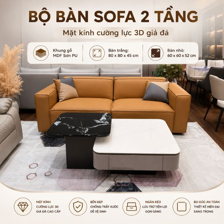 Bàn Sofa Đôi Mặt Kính Đen Trắng BSF2014 Cao Cấp Thiết Kế Lệch Tầng Độc Đáo Cho Phòng Khách Hiện Đại