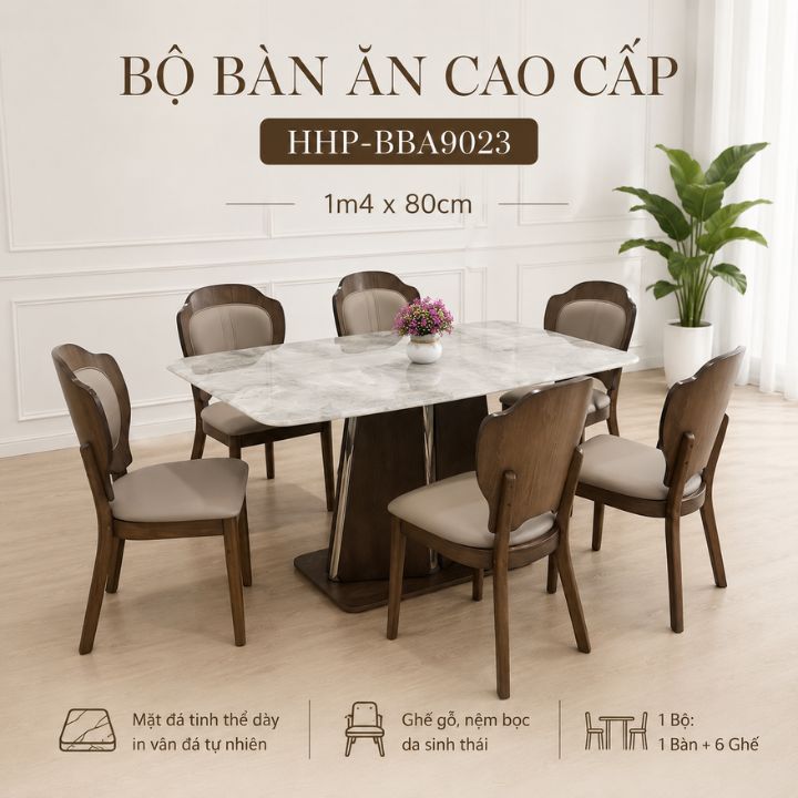 Bộ Bàn Ăn 6 Ghế HHP-BBA9023 Mặt Đá Tinh Thể Dày, Khung Gỗ Sang Trọng