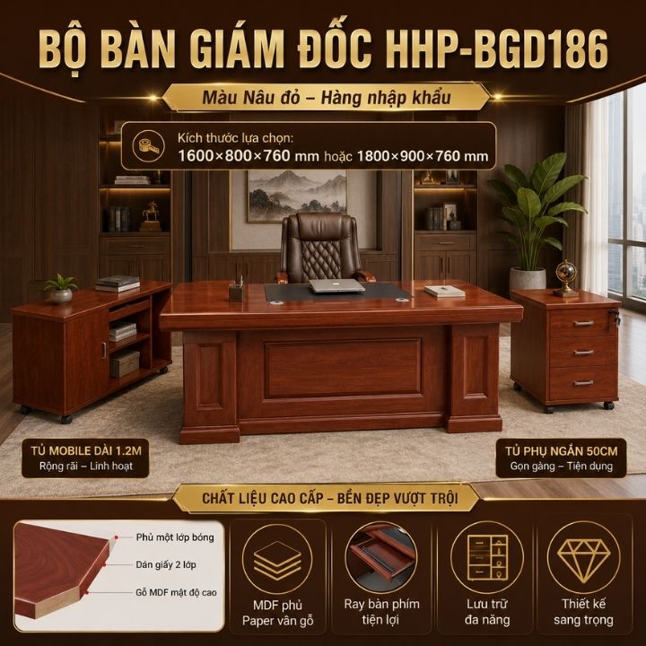 Bộ Bàn Giám Đốc HHP-BGD186-16 Bộ 3 Món, Kèm Tủ Mobile 1m2 Và Tủ Phụ 50cm