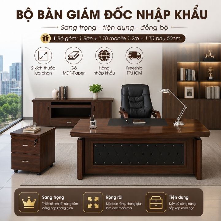 Combo Bàn Giám Đốc BGD212 Gồm Bàn 1m6, Tủ Mobile 1m2 Và Tủ Phụ 50cm