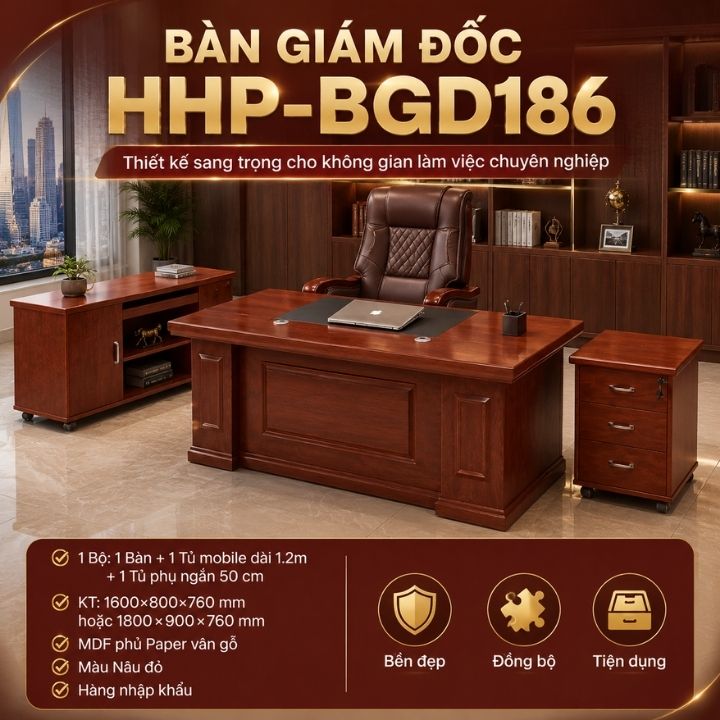 Bàn Làm Việc Giám Đốc HHP-BGD186-18 Màu Nâu Đỏ, Gỗ MDF Phủ Paper Vân Gỗ
