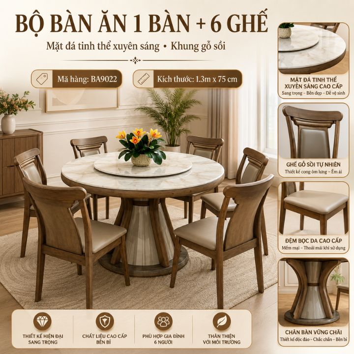 Bộ Bàn Ăn Tròn 6 Ghế BA9022 Mặt Đá Tinh Thể Xuyên Sáng, Chân Gỗ Sồi Sang Trọng - Ảnh 2