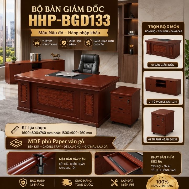 Bộ Bàn Giám Đốc HHP-BGD133 Cao Cấp, Kèm Tủ Phụ 1m2 Và Hộc Di Động