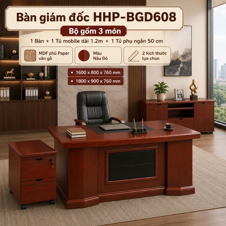 Bộ Bàn Văn Phòng Giám Đốc HHP-BGD608 Thiết Kế Sang Trọng, Kèm Tủ Phụ Dài 1m2