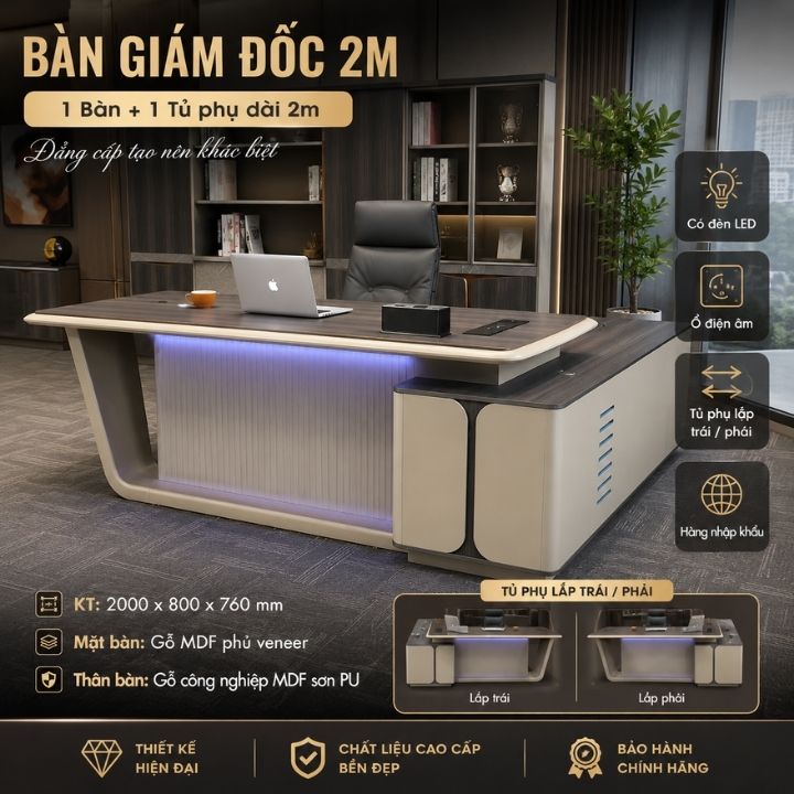 Bàn Giám Đốc Nhập Khẩu BGD2009 Cao Cấp, Mặt MDF Phủ Veneer Thân MDF Sơn PU - Ảnh 2
