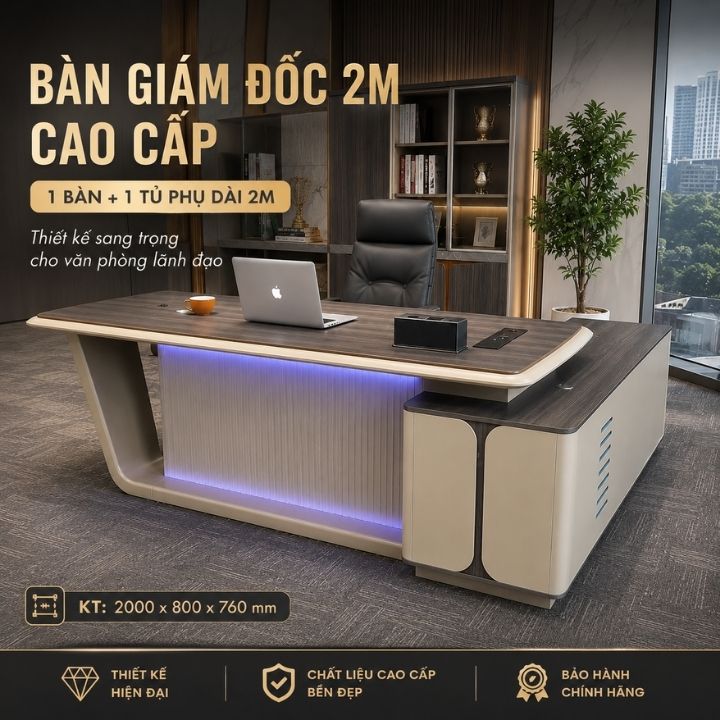Bàn Giám Đốc Nhập Khẩu BGD2009 Cao Cấp, Mặt MDF Phủ Veneer Thân MDF Sơn PU - Ảnh 3